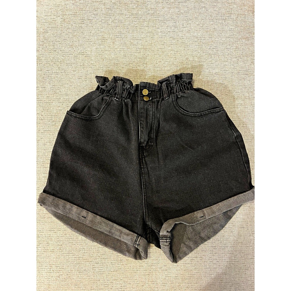 Plaid&Plain Black Denim Shorts Women's M High Waist Paperbag Cuffed 100% Cotton